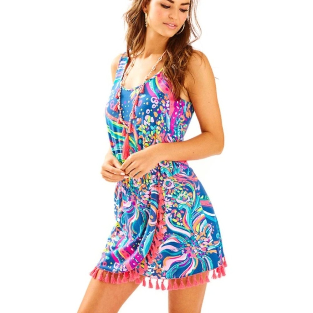 Lilly Pulitzer Jarrett Tassel Trim Sleeveless Romperi in Beach Loot Multi sz S